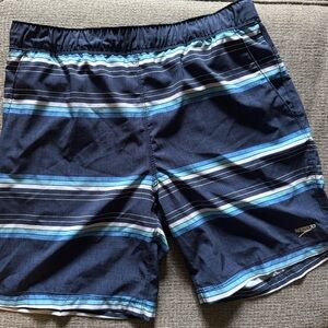 Speedo Navy and Aqua Striped Swim Trunks
